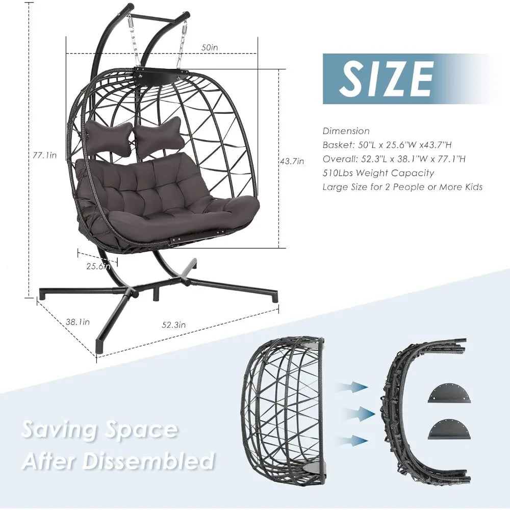 Double Egg Swing Chair with Stand, Indoor Oversized Chair Gray Cushion 2 Person Swing