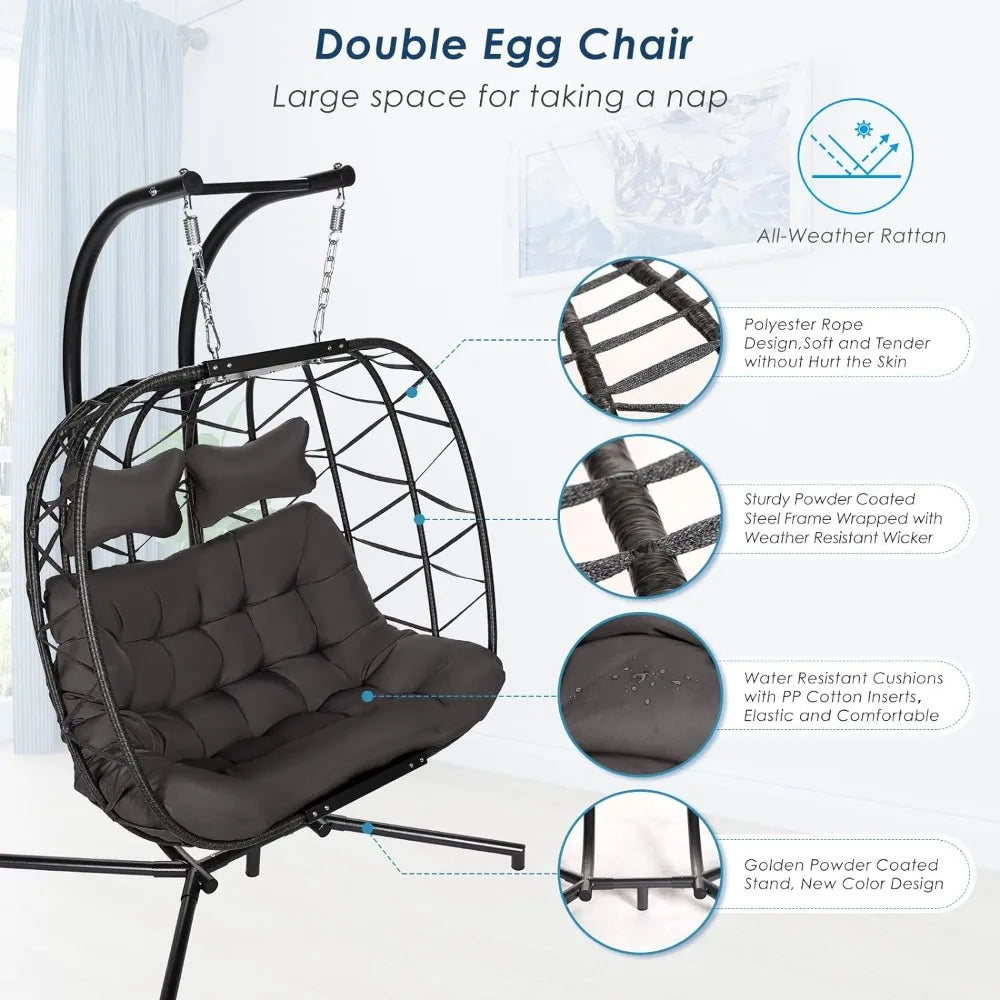 Double Egg Swing Chair with Stand, Indoor Oversized Chair Gray Cushion 2 Person Swing