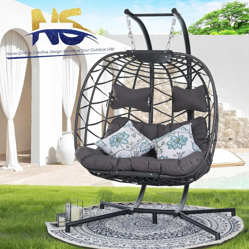 Double Egg Swing Chair with Stand, Indoor Oversized Chair Gray Cushion 2 Person Swing