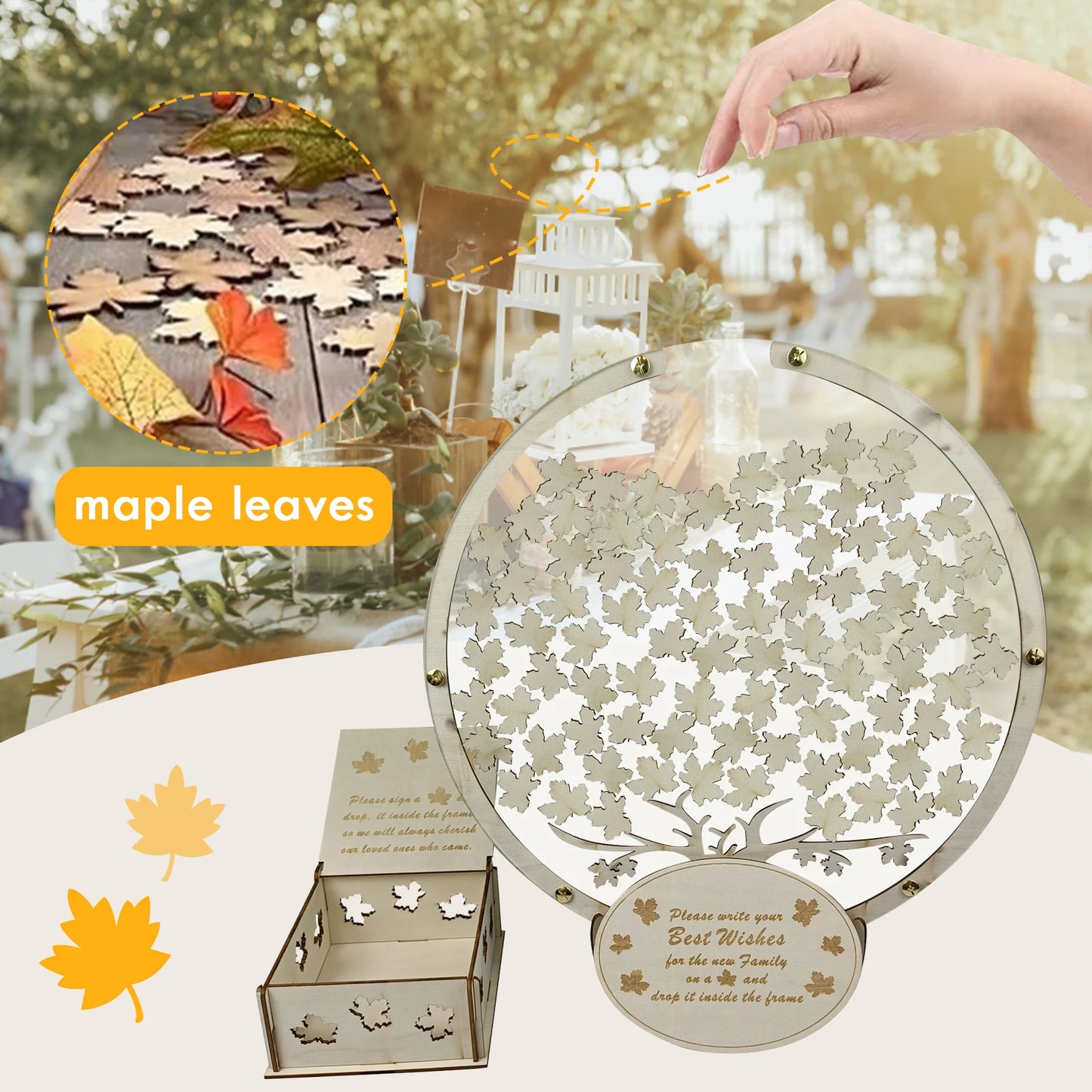 Wooden Message Drop Box with 60/80pcs Maple Leaves Decor