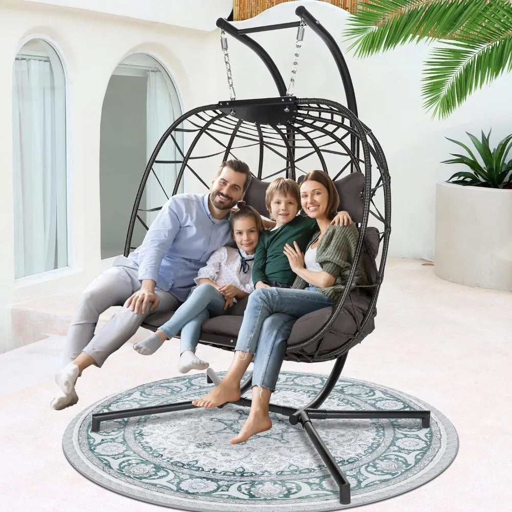 Double Egg Swing Chair with Stand, Indoor Oversized Chair Gray Cushion 2 Person Swing